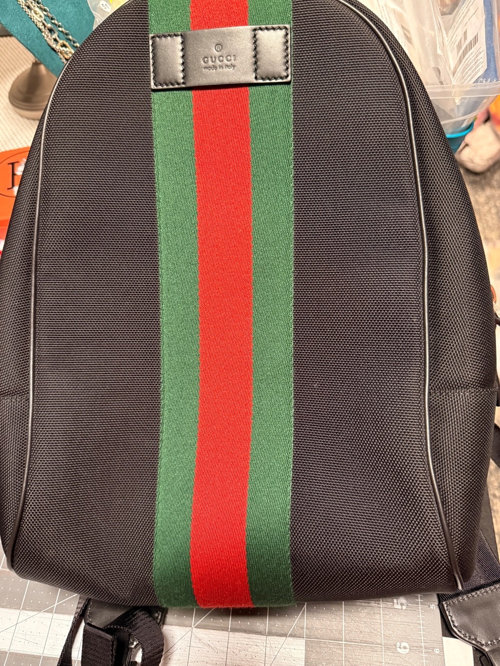 Gucci Unisex Black Backpack with Signature Red & Green Web Stripe